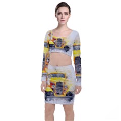 Car Old Art Abstract Long Sleeve Crop Top & Bodycon Skirt Set by Celenk