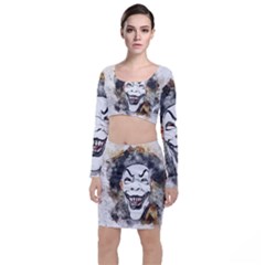 Mask Party Art Abstract Watercolor Long Sleeve Crop Top & Bodycon Skirt Set by Celenk