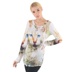 Cat Animal Art Abstract Watercolor Tie Up Tee by Celenk