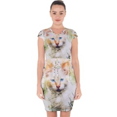 Cat Animal Art Abstract Watercolor Capsleeve Drawstring Dress 