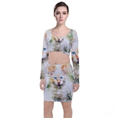 Cat Animal Art Abstract Watercolor Long Sleeve Crop Top & Bodycon Skirt Set by Celenk