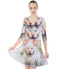 Cat Animal Art Abstract Watercolor Quarter Sleeve Front Wrap Dress	