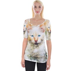 Cat Animal Art Abstract Watercolor Wide Neckline Tee