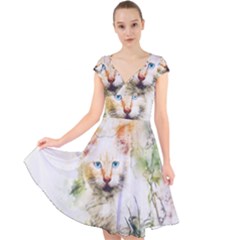 Cat Animal Art Abstract Watercolor Cap Sleeve Front Wrap Midi Dress