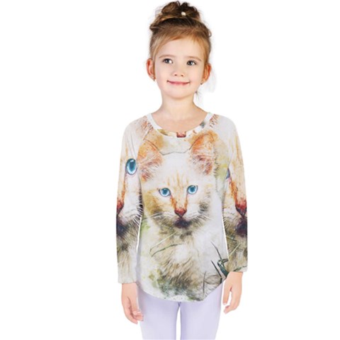 Cat Animal Art Abstract Watercolor Kids  Long Sleeve Tee by Celenk