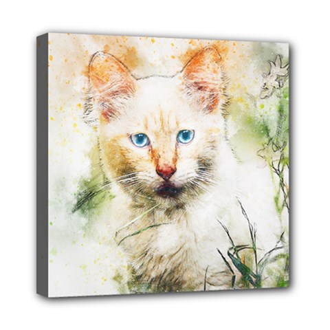 Cat Animal Art Abstract Watercolor Mini Canvas 8  X 8  by Celenk