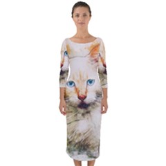 Cat Animal Art Abstract Watercolor Quarter Sleeve Midi Bodycon Dress