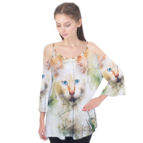 Cat Animal Art Abstract Watercolor Flutter Tees by Celenk