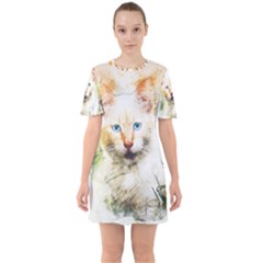 Cat Animal Art Abstract Watercolor Sixties Short Sleeve Mini Dress