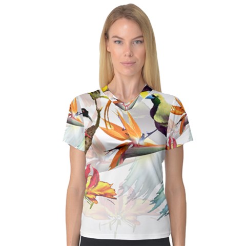 Exotic Birds Of Paradise And Flowers Watercolor V-neck Sport Mesh Tee by TKKdesignsCo