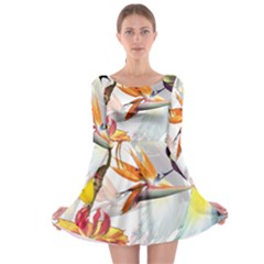 Exotic Birds Of Paradise And Flowers Watercolor Long Sleeve Skater Dress by TKKdesignsCo