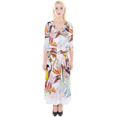 Exotic Birds Of Paradise And Flowers Watercolor Quarter Sleeve Wrap Maxi Dress