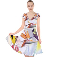 Exotic Birds Of Paradise And Flowers Watercolor Cap Sleeve Front Wrap Midi Dress