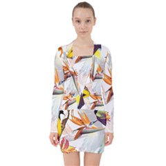 Exotic Birds Of Paradise And Flowers Watercolor V-neck Bodycon Long Sleeve Dress