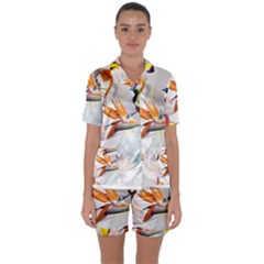 Exotic Birds Of Paradise And Flowers Watercolor Satin Short Sleeve Pyjamas Set