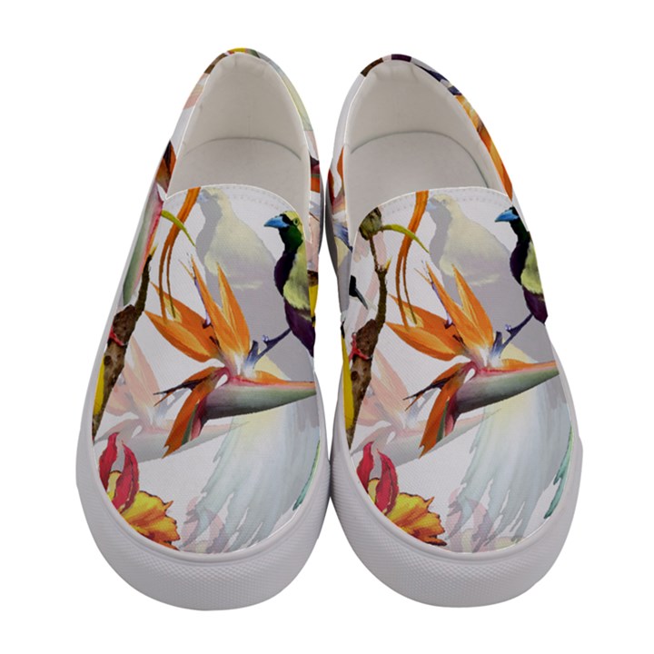 Exotic Birds of Paradise and Flowers Watercolor Women s Canvas Slip Ons