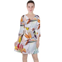 Exotic Birds Of Paradise And Flowers Watercolor Ruffle Dress