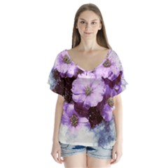 Flowers Purple Nature Art Abstract V-neck Flutter Sleeve Top by Celenk