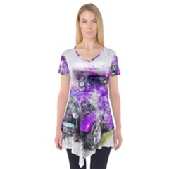 Car Old Car Art Abstract Short Sleeve Tunic  by Celenk