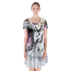 Tiger Roar Animal Art Abstract Short Sleeve V-neck Flare Dress by Celenk