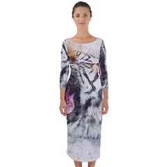 Tiger Roar Animal Art Abstract Quarter Sleeve Midi Bodycon Dress