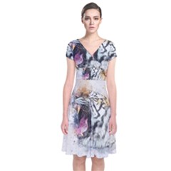 Tiger Roar Animal Art Abstract Short Sleeve Front Wrap Dress by Celenk