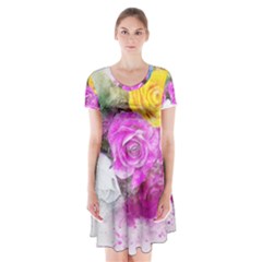 Flowers Bouquet Art Abstract Short Sleeve V-neck Flare Dress by Celenk