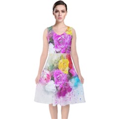 Flowers Bouquet Art Abstract V-neck Midi Sleeveless Dress  by Celenk