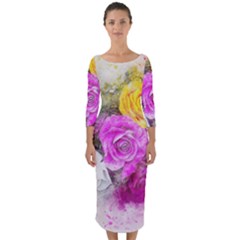 Flowers Bouquet Art Abstract Quarter Sleeve Midi Bodycon Dress