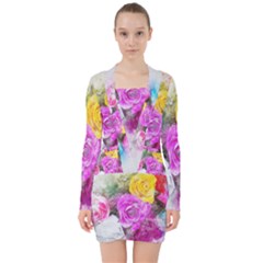 Flowers Bouquet Art Abstract V-neck Bodycon Long Sleeve Dress by Celenk