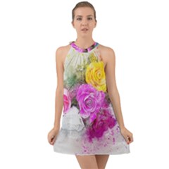 Flowers Bouquet Art Abstract Halter Tie Back Chiffon Dress by Celenk