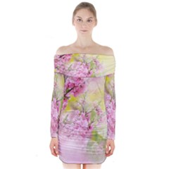 Flowers Pink Art Abstract Nature Long Sleeve Off Shoulder Dress by Celenk