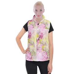 Flowers Pink Art Abstract Nature Women s Button Up Puffer Vest