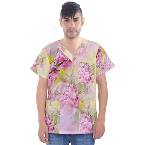 Flowers Pink Art Abstract Nature Men s V-neck Scrub Top by Celenk