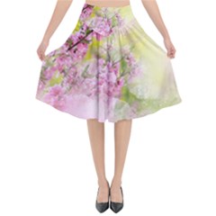 Flowers Pink Art Abstract Nature Flared Midi Skirt