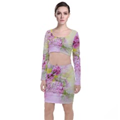 Flowers Pink Art Abstract Nature Long Sleeve Crop Top & Bodycon Skirt Set