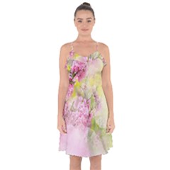 Flowers Pink Art Abstract Nature Ruffle Detail Chiffon Dress by Celenk