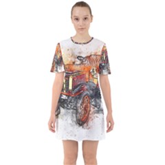 Car Old Car Art Abstract Sixties Short Sleeve Mini Dress