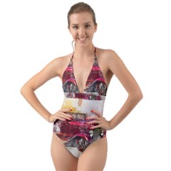 Car Old Car Art Abstract Halter Cut-out One Piece Swimsuit