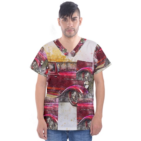 Car Old Car Art Abstract Men s V-neck Scrub Top by Celenk