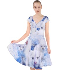 Dog Cats Pet Art Abstract Cap Sleeve Front Wrap Midi Dress