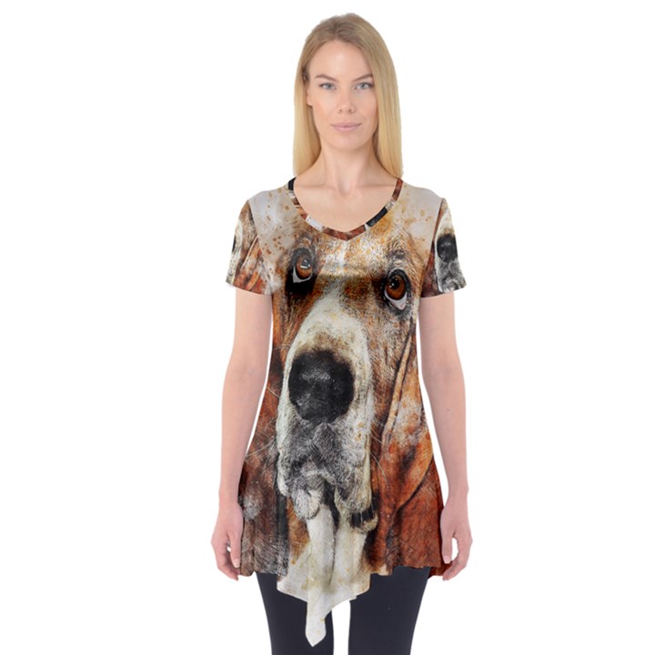 Dog Basset Pet Art Abstract Short Sleeve Tunic 