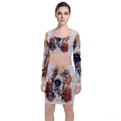 Dog Basset Pet Art Abstract Long Sleeve Crop Top & Bodycon Skirt Set