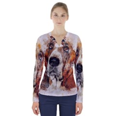 Dog Basset Pet Art Abstract V-neck Long Sleeve Top by Celenk