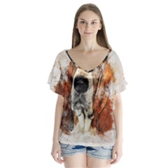 Dog Basset Pet Art Abstract V-neck Flutter Sleeve Top by Celenk