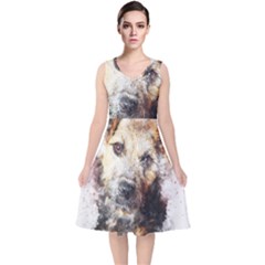 Dog Animal Pet Art Abstract V-neck Midi Sleeveless Dress 