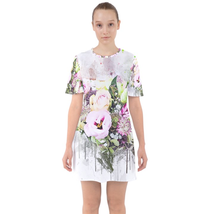 Flowers Bouquet Art Abstract Sixties Short Sleeve Mini Dress