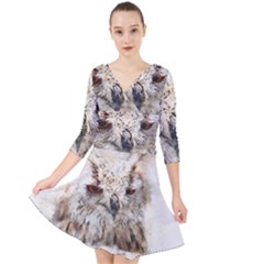 Bird Owl Animal Art Abstract Quarter Sleeve Front Wrap Dress	