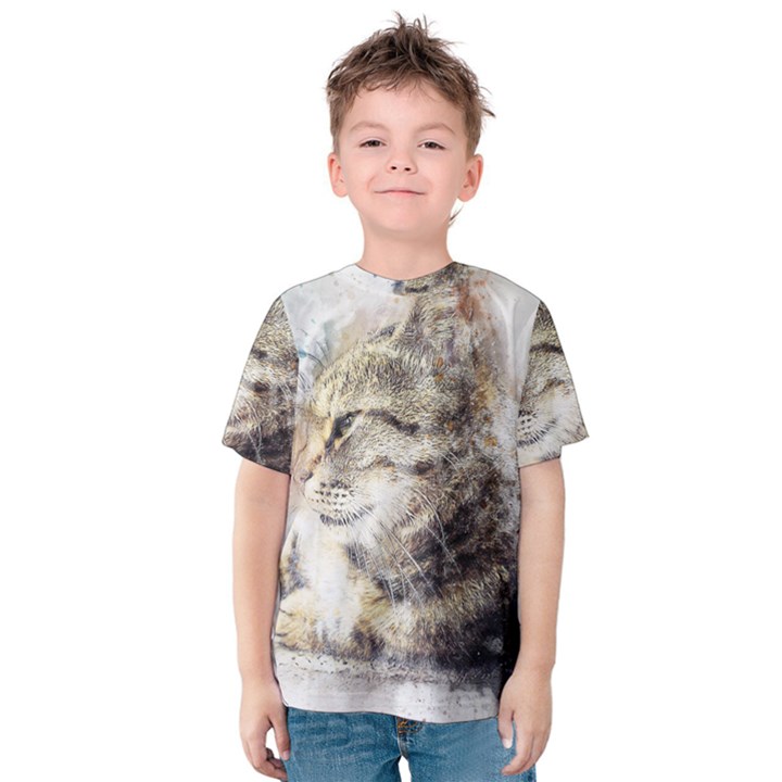 Cat Animal Art Abstract Watercolor Kids  Cotton Tee