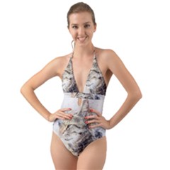 Cat Animal Art Abstract Watercolor Halter Cut-out One Piece Swimsuit